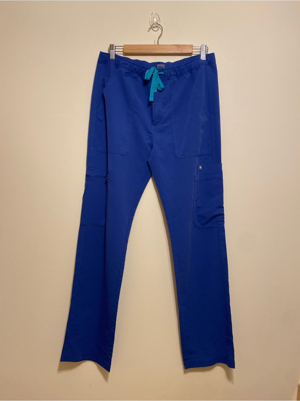 Figs Men's Royal Blue Cargo Pants with Teal Drawstring. Size M